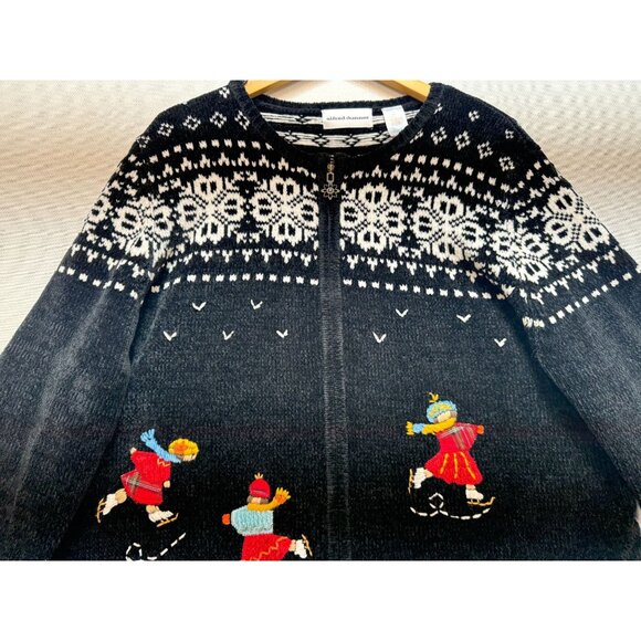 Alfred Dunner Women Zip Up Fair Isle Chenille Cardigan Sweater Sz XL Black White - Picture 6 of 10